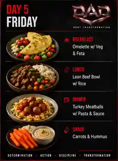 DAD Nutrition Day 5 Friday meal plan: Omelette w/ Veg & Feta, Lean Beef Bowl w/ Rice, Turkey Meatballs w/ Pasta & Sauce, Carrots & Hummus