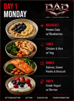 DAD Nutrition Day 1 Monday meal plan: Protein Oats w/ Blueberries, Chicken & Rice w/ Veg, Salmon, Sweet Potato & Broccoli, Greek Yoghurt w/ Berries
