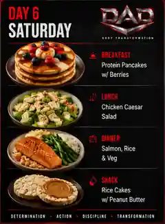 DAD Nutrition Day 6 Saturday meal plan: Protein Pancakes w/ Berries, Chicken Caesar Salad, Salmon, Rice & Veg, Rice Cakes w/ Peanut Butter
