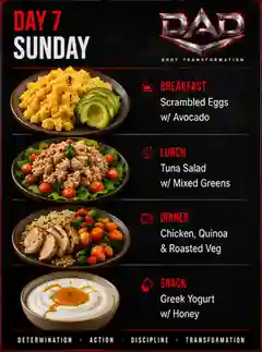 DAD Nutrition Day 7 Sunday meal plan: Scrambled Eggs w/ Avocado, Tuna Salad w/ Mixed Greens, Chicken, Quinoa & Roasted Veg, Greek Yoghurt w/ Honey