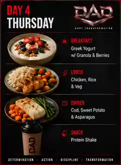 DAD Nutrition Day 4 Thursday meal plan: Greek Yoghurt w/ Granola & Berries, Chicken, Rice & Veg, Cod, Sweet Potato & Asparagus, Protein Shake