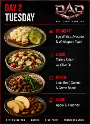 DAD Nutrition Day 2 Tuesday meal plan: Egg Whites, Avocado & Wholegrain Toast, Turkey Salad w/ Olive Oil, Lean Beef, Quinoa & Green Beans, Apple & Almonds