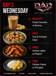 DAD Nutrition Day 3 Wednesday meal plan: Protein Smoothie w/ Banana, Tuna & Chickpea Salad, Chicken Fajitas w/ Peppers, Cottage Cheese w/ Pineapple